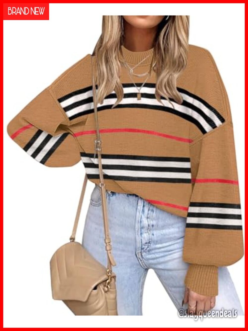 Womens Oversized Striped Knit Pullover Sweater Long Sleeve Crewneck